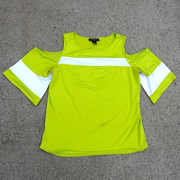 Ashley Stewart 12 Neon Cold Shoulder Top Long Bell Sleeve White Stripe - Picture 1 of 7